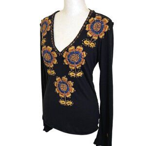 Johnny Was Joystick Black Long Sleeve Top Hand Embroidered Flowers Size Small